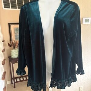 Coldwater Creek Forst Green Velour Cardigan Jacket Velvet Burnout Ruffle 2X